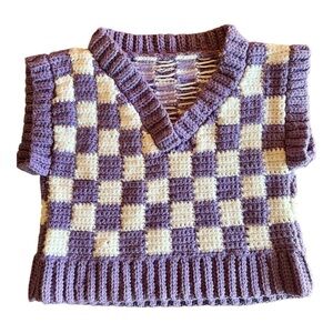 Crochet V-Neck Sweater Vest - Purple & White Checkered